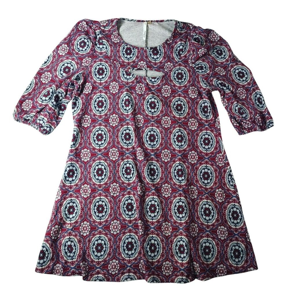 NY Collection  Womens Plus Keyhole Tunic Dress 2X Maroon‎ Geometric Boho Stretch